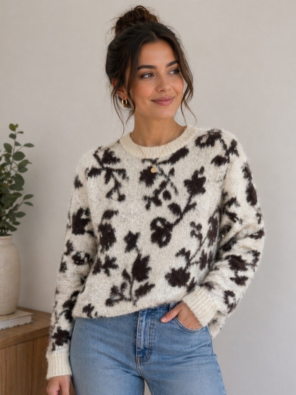 LOFT Cream Crewneck Sweater with Dark Brown Floral Pattern